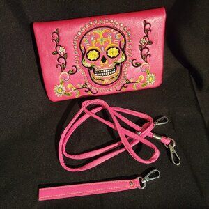Pink American Bling Sugar Skull Faux Vegan Leather Crossbody Purse w Rhinestones